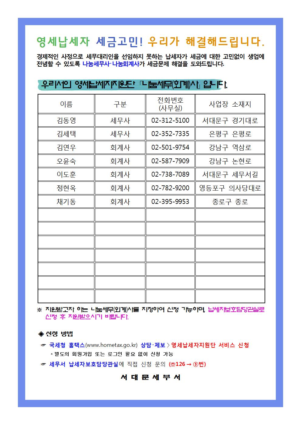 ★ 영세납세자지원단 나눔세무(회계)사 명단(서식)-홈페이지 게시 및 민원실 교부용001